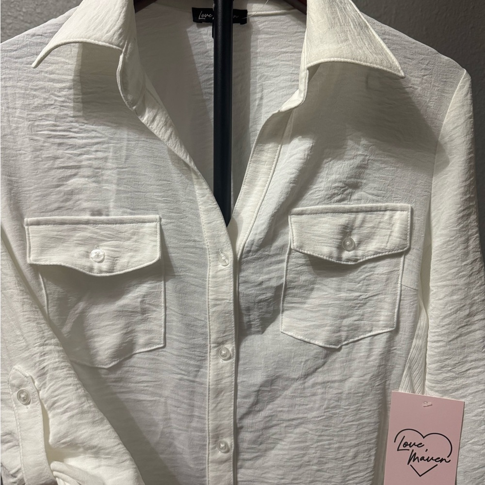 White Button-Front Pocket Blouse